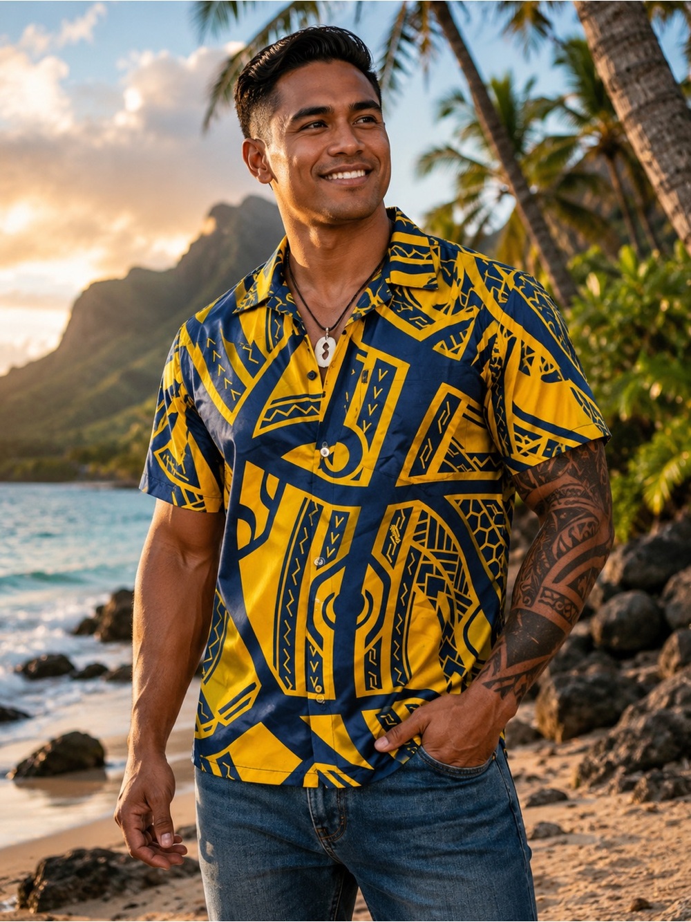 Manuhealii Yellow & Navy Geometric Hawaiian Button-Down Shirt